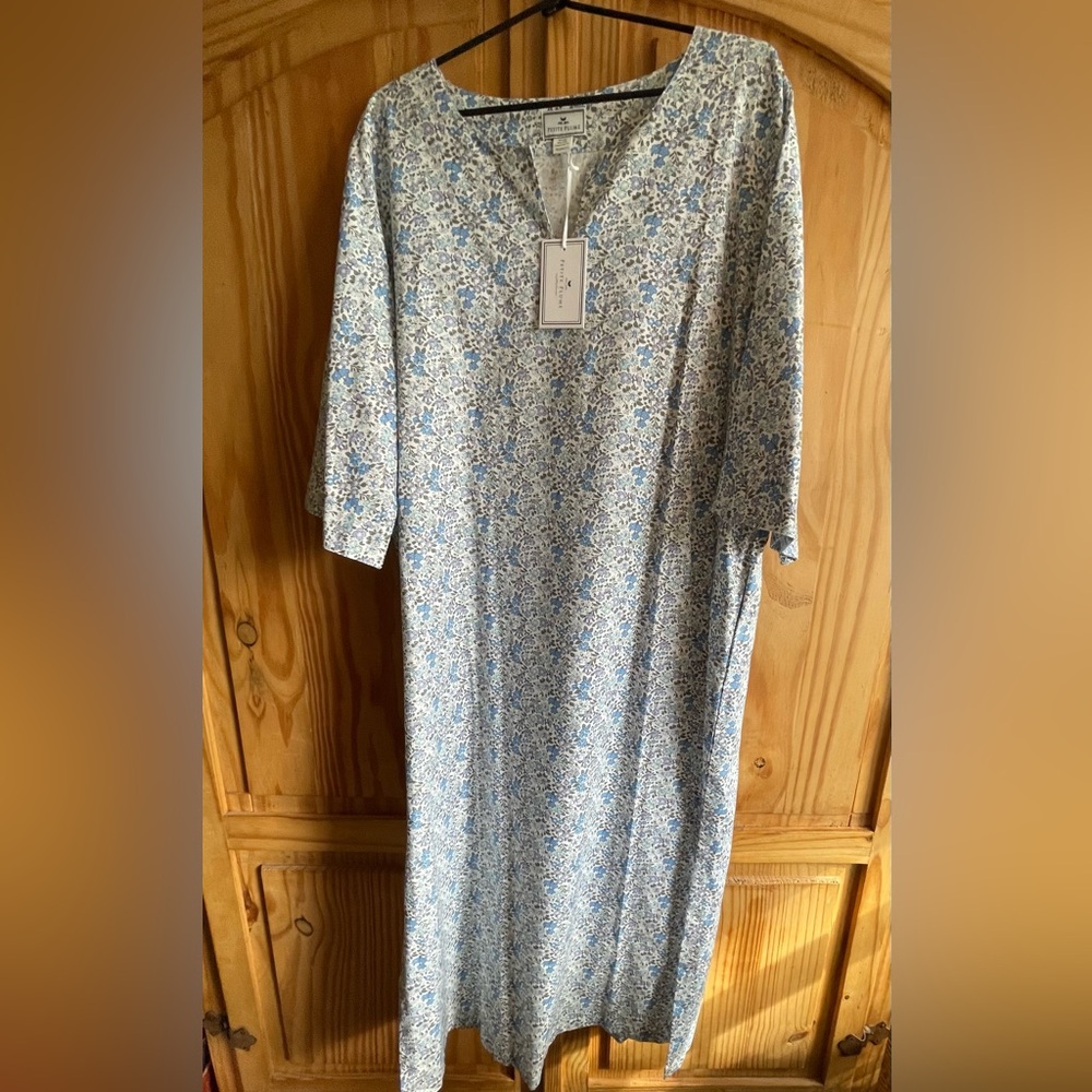 Petite Plume Fleur D'Azur Blue/White Cotton Caftan Nightgown Size L NWT - Picture 4 of 9